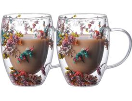 Kit 2x Copos De Vidro Flor Seca Duplo Copo Flores Secas Xicara Caneca Kit 2x Copos De Vidro Flor Seca Duplo Copo Flores Secas Xicara Caneca