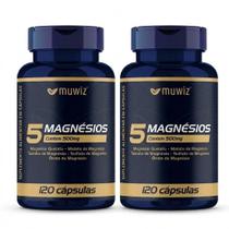Kit 2x Frascos Magnésio 5 Fontes Quelato, Malato, Taurato, Citrato, Óxido, 120 Cápsulas 500mg Muwiz Kit 2x Frascos Magnésio 5 Fontes Quelato, Malato, Taurato, Citrato, Óxido, 120 Cápsulas 500mg Muwiz