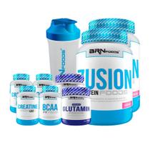 KIT 2x Fusion Protein 900g + 2x BCAA 100g + 2x Creatina 100g+ 2x Glutamina 250g + Coqueteleira - BRN Foods