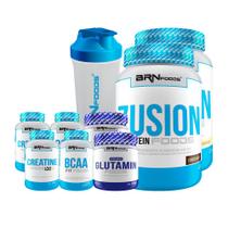 KIT 2x Fusion Protein 900g + 2x BCAA 100g + 2x Creatina 100g+ 2x Glutamina 250g + Coqueteleira - BRN Foods