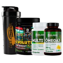 Kit: 2x Ômega 3 + 2x Multivitaminico + 2x Pré-Treino Evolution 300g + Coqueteleira Slim 600ml (Brinde) - Soldiers