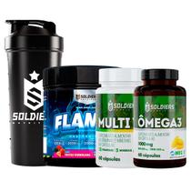 Kit: 2x Ômega 3 + 2x Multivitaminico + 2x Pré-Treino Flames 200g +1xCoqueteleira Slim 600ml