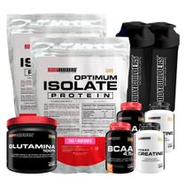 Kit 2x Optimum Isolate Protein 2kg + 2x Bcaa100g+ 2x Creatina100g + Glutamina 500g + 2x Coqueteleira - Bodybuilders