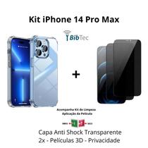 Kit 2x Películas 3D de Vidro Privacidade + Capa Anti Shock para Iphone 14 Pro Max Transparente