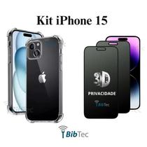 Kit 2x Películas 3D de Vidro Privacidade + Capa Capinha Transparente para Iphone 15