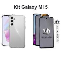 Kit 2x Películas 3D de Vidro Privacidade + Capa Capinha Transparente para Samsung Galaxy M15