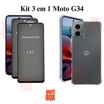 Kit 2x Películas 3D Vidro Privacidade + Capa Capinha Transparente para Moto G34Transparente