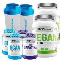 KIT 2x Vegan Protein 500g + 2x PREMIUM Creatina 100g + 2x BCAA Fit Foods 100g + 2x Coqueteleira - BRN FOODS