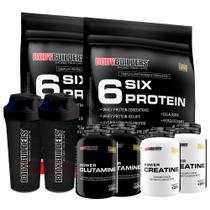 KIT 2x Whey 6 Six Protein 900g + 2x Power Glutamina 100g + 2x Power Creatina 100g + 2x Coqueteleiras 600ml- Kit Completo para Ganho de Massa Muscular