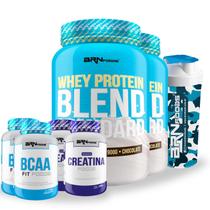 Kit 2x Whey Blend 900g + 2x Premium Creatina 100g + 2x BCAA Fit 100g Tangerina + Coqueteleira - BRNFOODS