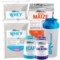 KIT 2x Whey Fit Foods 500g + PREMIUM Creatina 100g + BCAA Fit 100g + Waxy Maize 800g + Coqueteleira - BRN Foods KIT 2x Whey Fit Foods 500g + PREMIUM Creatina 100g + BCAA Fit 100g + Waxy Maize 800g + Coqueteleira - BRN Foods