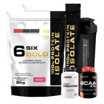 Kit 2X Whey Isolado Six Gold 2Kg Creatina Bcaa Coqueteleira