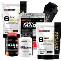 KIT 2x Whey Isolado Six Gold 2kg + Waxy Maize 800g + POWER Creatina 100g + BCAA 100g + Coqueteleira - Bodybuilders