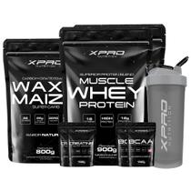 Kit 2x Whey Muscle 900g + Waxy Maize 800g+ 2x Creatina 100g + 2x Bcaa100g + Coqueteleira 700ml-Xpro