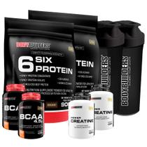 KIT 2x Whey Protein 6 Six 900g + 2x BCAA 100g + 2x Power Creatina 100g + 2x Coqueteleira - Bodybuilders