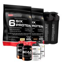 KIT 2x Whey Protein 6 Six 900g + 2x BCAA 100g + 2x Power Creatina 100g + 2x Coqueteleira - Bodybuilders