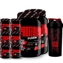 Kit 2x Whey Protein Fusion + 2x Bcaa + 2x Creatina + 2x Glutamina + Coqueteleira - Espartanos Suplementos - Linha Dark Black Red