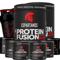 Kit 2x Whey Protein Fusion + 2x Bcaa + 2x Creatina + 2x Glutamina + Coqueteleira - Espartanos Suplementos - Linha Dark Black Red