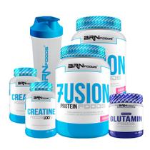 KIT - 2x Whey Protein Fusion 900g + 2x Creatina 100g + Glutamina 250g + Coqueteleira - BRN Foods