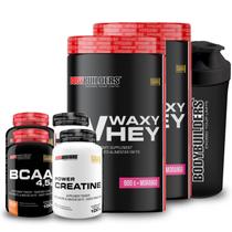 Kit 2x Whey Protein Waxy Whey Pote 900g + 2x BCAA 100g Tangerina + 2x Power Creatina 100g + Coqueteleira 600ml- Bodybuilders