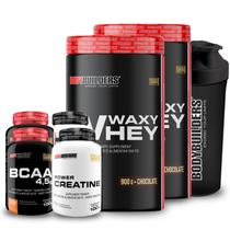 Kit 2x Whey Protein Waxy Whey Pote 900g + 2x BCAA 100g Tangerina + 2x Power Creatina 100g + Coqueteleira 600ml- Bodybuilders