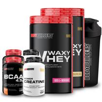 Kit 2x Whey Protein Waxy Whey Pote 900g + 2x BCAA 100g Tangerina + 2x Power Creatina 100g + Coqueteleira 600ml- Bodybuilders