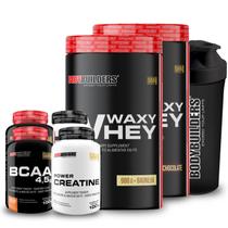 Kit 2x Whey Protein Waxy Whey Pote 900g + 2x BCAA 100g Tangerina + 2x Power Creatina 100g + Coqueteleira 600ml- Bodybuilders