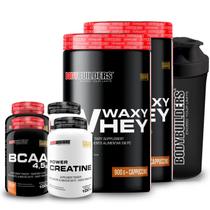 Kit 2x Whey Protein Waxy Whey Pote 900g + 2x BCAA 100g Tangerina + 2x Power Creatina 100g + Coqueteleira 600ml- Bodybuilders