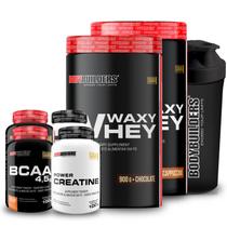 Kit 2x Whey Protein Waxy Whey Pote 900g + 2x BCAA 100g Tangerina + 2x Power Creatina 100g + Coqueteleira 600ml- Bodybuilders