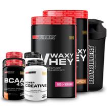 Kit 2x Whey Protein Waxy Whey Pote 900g + 2x BCAA 100g Tangerina + 2x Power Creatina 100g + Coqueteleira 600ml- Bodybuilders