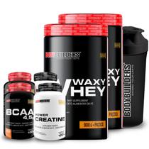 Kit 2x Whey Protein Waxy Whey Pote 900g + 2x BCAA 100g Tangerina + 2x Power Creatina 100g + Coqueteleira 600ml- Bodybuilders