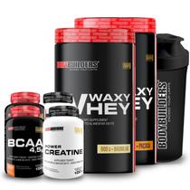 Kit 2x Whey Protein Waxy Whey Pote 900g + 2x BCAA 100g Tangerina + 2x Power Creatina 100g + Coqueteleira 600ml- Bodybuilders