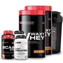 Kit 2x Whey Protein Waxy Whey Pote 900g + 2x BCAA 100g Tangerina + 2x Power Creatina 100g + Coqueteleira 600ml- Bodybuilders