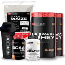 Kit 2x Whey Protein Waxy Whey Pote 900g BCAA 100g Power Creatina 100g Waxy Maize 800g Coqueteleira 600 ml Bodybuilders
