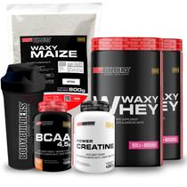 Kit 2x Whey Protein Waxy Whey Pote 900g BCAA 100g Power Creatina 100g Waxy Maize 800g Coqueteleira 600 ml Bodybuilders