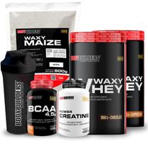 Kit 2x Whey Protein Waxy Whey Pote 900g BCAA 100g Power Creatina 100g Waxy Maize 800g Coqueteleira 600 ml Bodybuilders