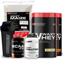 Kit 2x Whey Protein Waxy Whey Pote 900g BCAA 100g Power Creatina 100g Waxy Maize 800g Coqueteleira 600 ml Bodybuilders