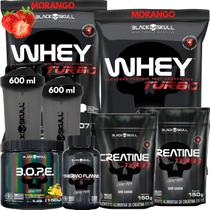 Kit 2x Whey Turbo + 2x Creatina 150g + Pré-Treino BOPE 150g + Thermo Flame Termogênico 120 Tabletes+ 2x Coqueteleira - Black Skull