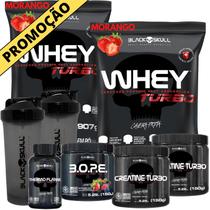 Kit 2x Whey Turbo + 2x Creatina 150g + Pré-Treino BOPE 150g + Thermo Flame Termogênico 120 Tabletes+ 2x Coqueteleira - Black Skull