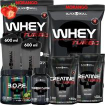 Kit 2x Whey Turbo + 2x Creatina 150g + Pré-Treino BOPE 150g + Thermo Flame Termogênico 120 Tabletes+ 2x Coqueteleira - Black Skull