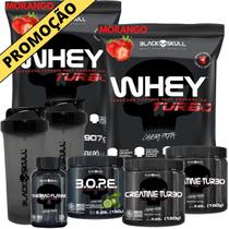 Kit 2x Whey Turbo + 2x Creatina 150g + Pré-Treino BOPE 150g + Thermo Flame Termogênico 120 Tabletes+ 2x Coqueteleira - Black Skull