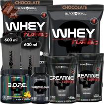 Kit 2x Whey Turbo + 2x Creatina 150g + Pré-Treino BOPE 150g + Thermo Flame Termogênico 120 Tabletes+ 2x Coqueteleira - Black Skull