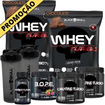Kit 2x Whey Turbo + 2x Creatina 150g + Pré-Treino BOPE 150g + Thermo Flame Termogênico 120 Tabletes+ 2x Coqueteleira - Black Skull