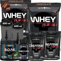 Kit 2x Whey Turbo + 2x Creatina 150g + Pré-Treino BOPE 150g + Thermo Flame Termogênico 120 Tabletes+ 2x Coqueteleira - Black Skull