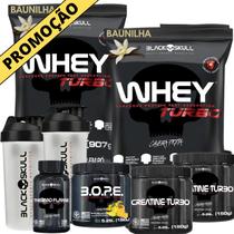 Kit 2x Whey Turbo + 2x Creatina 150g + Pré-Treino BOPE 150g + Thermo Flame Termogênico 120 Tabletes+ 2x Coqueteleira - Black Skull