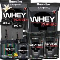 Kit 2x Whey Turbo + 2x Creatina 150g + Pré-Treino BOPE 150g + Thermo Flame Termogênico 120 Tabletes+ 2x Coqueteleira - Black Skull