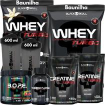 Kit 2x Whey Turbo + 2x Creatina 150g + Pré-Treino BOPE 150g + Thermo Flame Termogênico 120 Tabletes+ 2x Coqueteleira - Black Skull