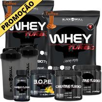 Kit 2x Whey Turbo + 2x Creatina 150g + Pré-Treino BOPE 150g + Thermo Flame Termogênico 120 Tabletes+ 2x Coqueteleira - Black Skull