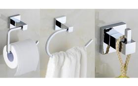 Kit 3 Acessórios Banheiro Cabide Simples + Porta Papel Higiênico Metal + Porta Toalha de Rosto Linha Cromax - Fine Metais