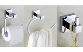 Kit 3 Acessórios Banheiro Cabide Simples + Porta Papel Higiênico Metal + Porta Toalha de Rosto Linha Cromax Kit 3 Acessórios Banheiro Cabide Simples + Porta Papel Higiênico Metal + Porta Toalha de Rosto Linha Cromax